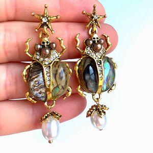 Anthropologie Gold Beetle Drop Earrings with Iridescent Abalone and Pearl